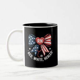 RN 4th of July Bow Registered Nurse Women USA Flag Two-Tone Coffee Mug