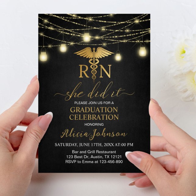 RN Black and Gold Lights Nursing Graduation Invitation (Creator Uploaded)