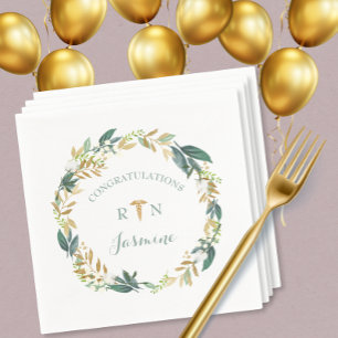 RN graduation greenery wreath + gold caduceus Napkin