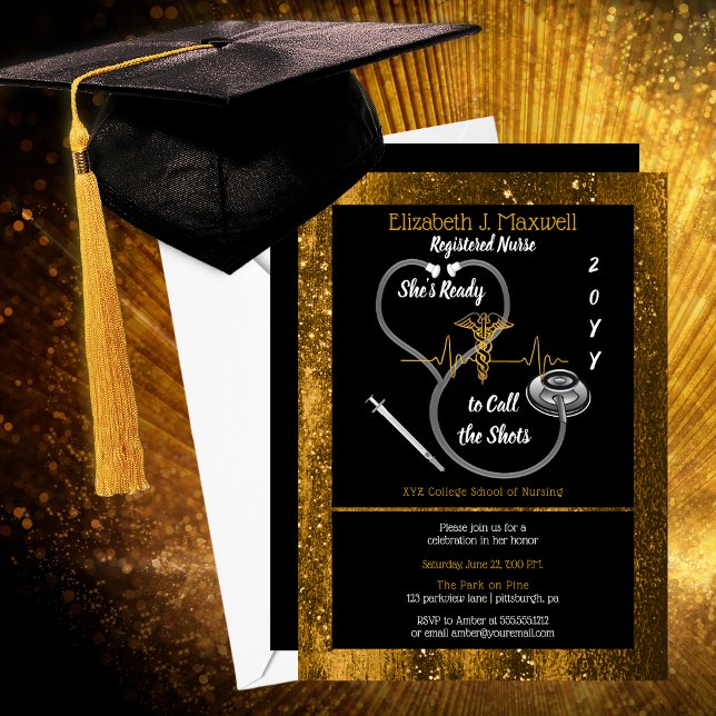 RN Graduation Party She's Ready to Call the Shots Invitation (RN Graduation Party "She's Ready to Call the Shots" Black and Faux Gold Invitation)