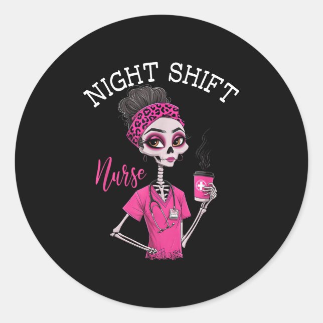 Rn Icu Night Shift Nurse Skeleton  Classic Round Sticker (Front)