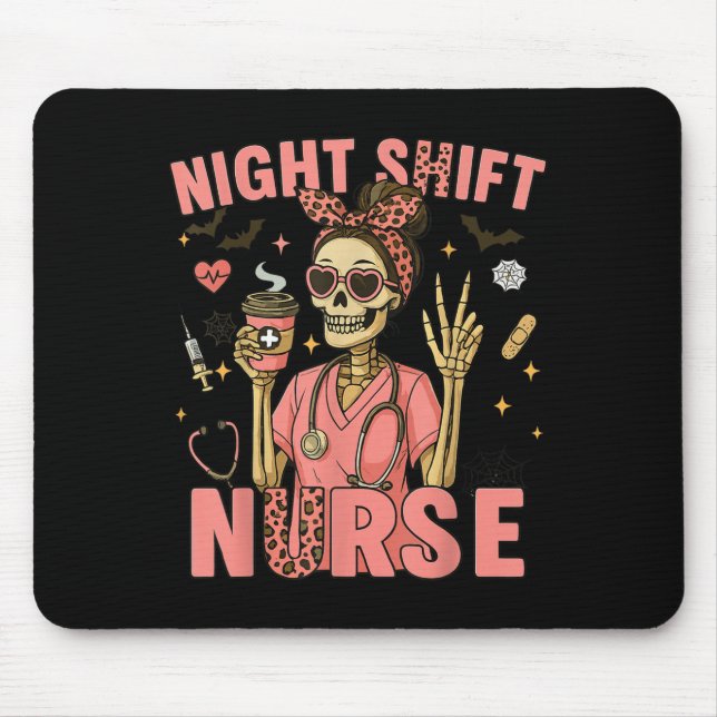 Rn Icu Nurse Skeleton Night Shift Halloween Tee  Mouse Pad (Front)