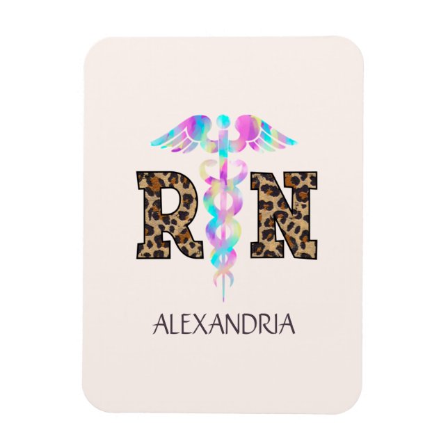 "RN" in Leopard Print- Colorful Medical Logo Magnet (Vertical)