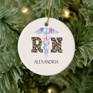 "RN" in Leopard Print- Colourful Medical Logo Ceramic Ornament