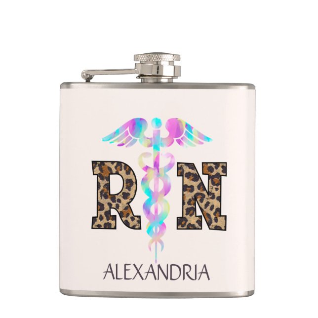 "RN" in Leopard Print- Colourful Medical Logo Hip Flask (Front)