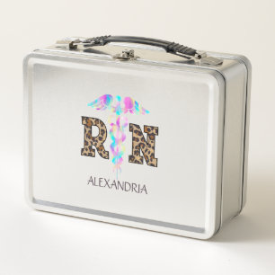 "RN" in Leopard Print- Colourful Medical Logo Metal Lunch Box