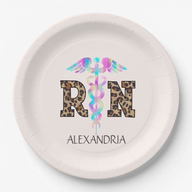 "RN" in Leopard Print- Colourful Medical Logo Paper Plate (Front)