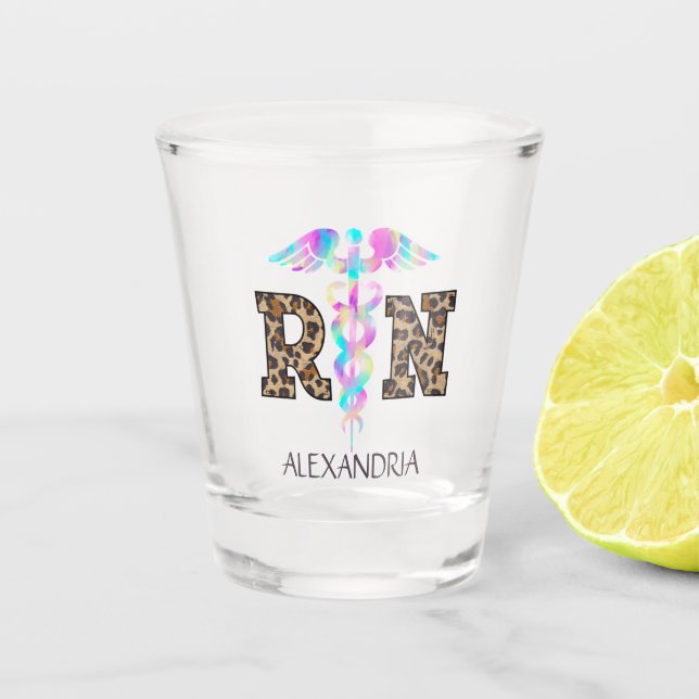 "RN" in Leopard Print- Colourful Medical Logo Shot Glass (Front)