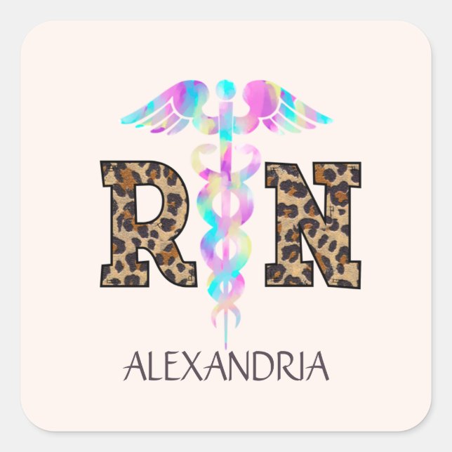 "RN" in Leopard Print- Colourful Medical Logo Square Sticker (Front)
