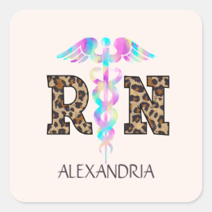 "RN" in Leopard Print- Colourful Medical Logo Square Sticker