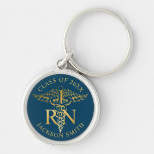 RN Nurse faux gold caduceus Blue Personalised Key Ring