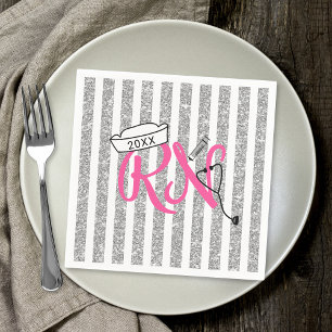 RN nurse graduation party decor, pink silver Napkin