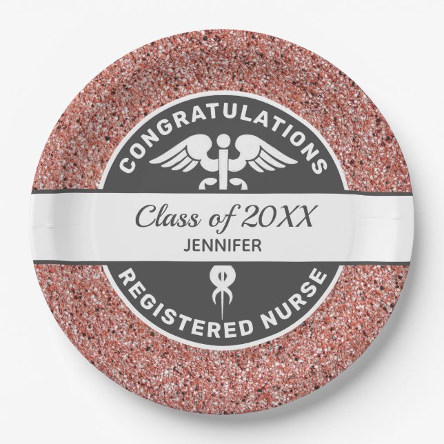 RN Nurse Graduation Rose Gold Glitter Personalised Paper Plate (Front)