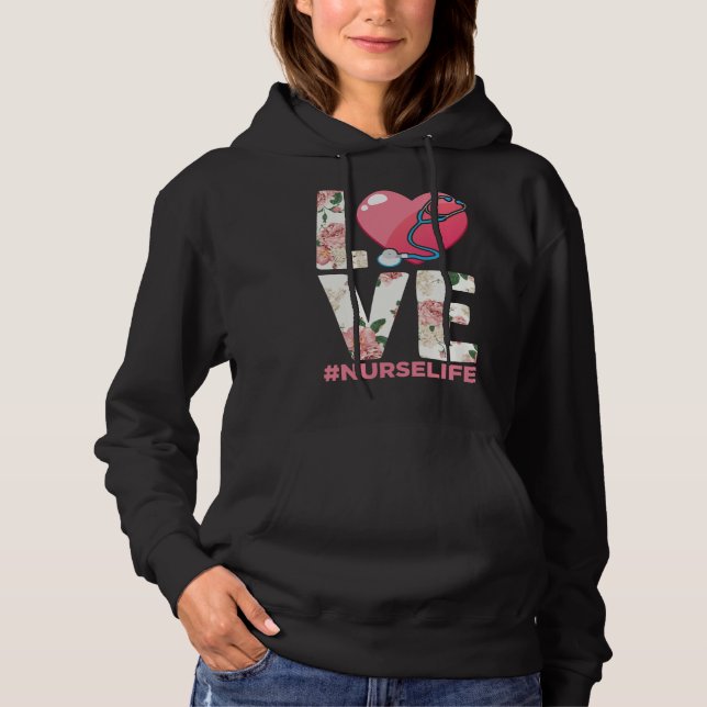 RN Nurse Life Flower Paramedic Stethoscope Heart Hoodie (Front)