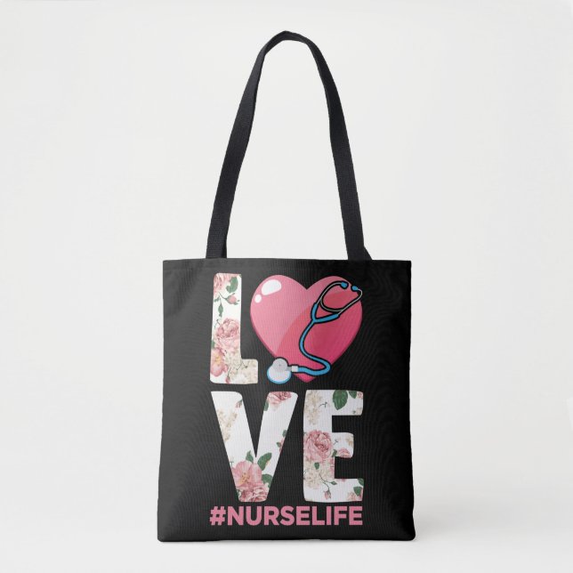 RN Nurse Life Flower Paramedic Stethoscope Heart Tote Bag (Front)
