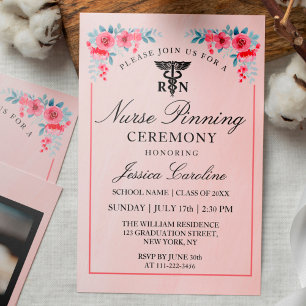 RN Nurse Pink Floral Pinning Ceremony With Flowers Invitation