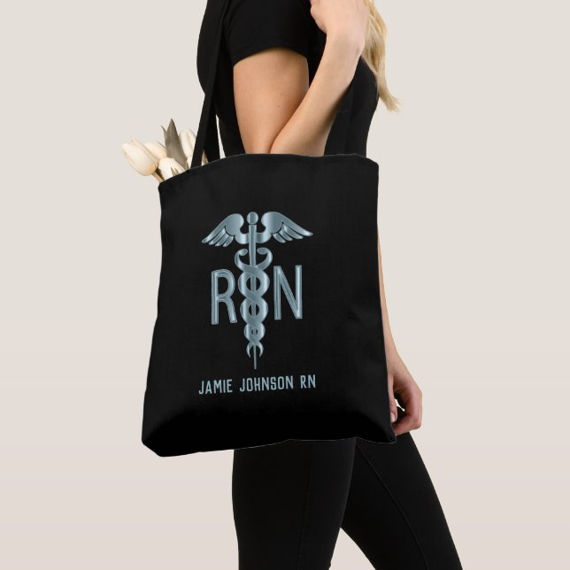 RN Nurse - Teal and Black Tote Bag (Close Up)