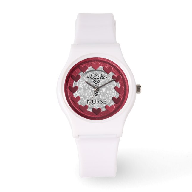 RN Nurses Nursing LPN | Caduceus Symbol Hearts Watch (Front)
