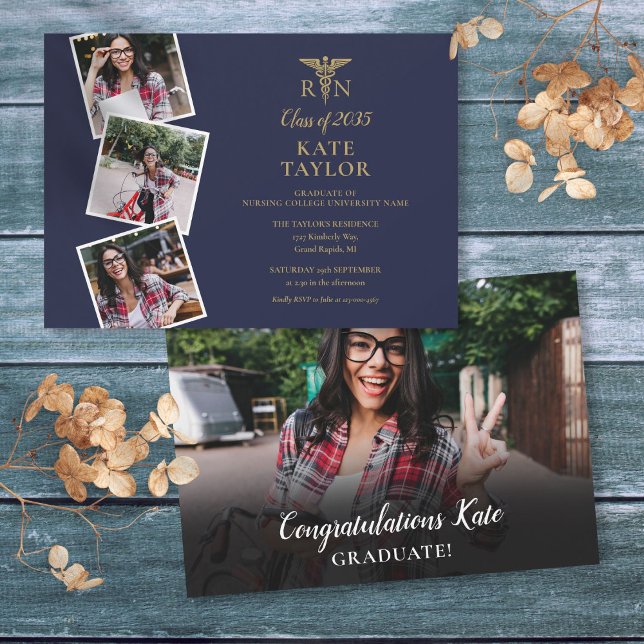 RN Nursing 4 Photo Graduation Navy Gold Invitation (RN Nursing 4 Photo Graduation Navy Gold Invitation)