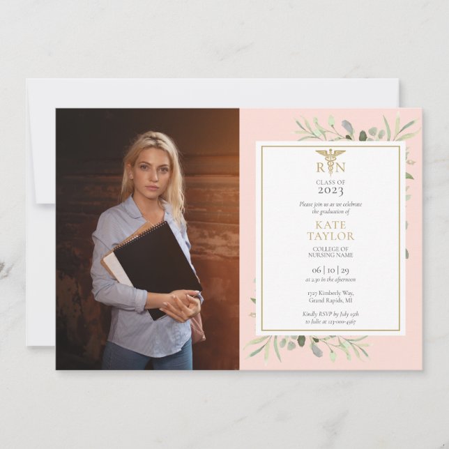 RN Nursing Graduation Blush Pink Foliage Photo Inv Invitation (Front)