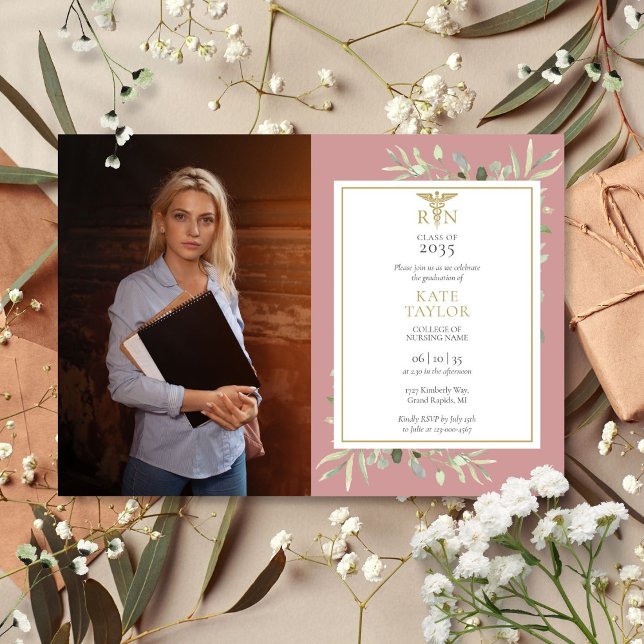 RN Nursing Graduation Dusty Rose Foliage Photo Invitation (RN Nursing Graduation Dusty Rose Foliage Photo Invitation)