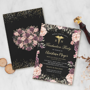 RN Nursing Graduation Party Burgundy Floral Black Invitation