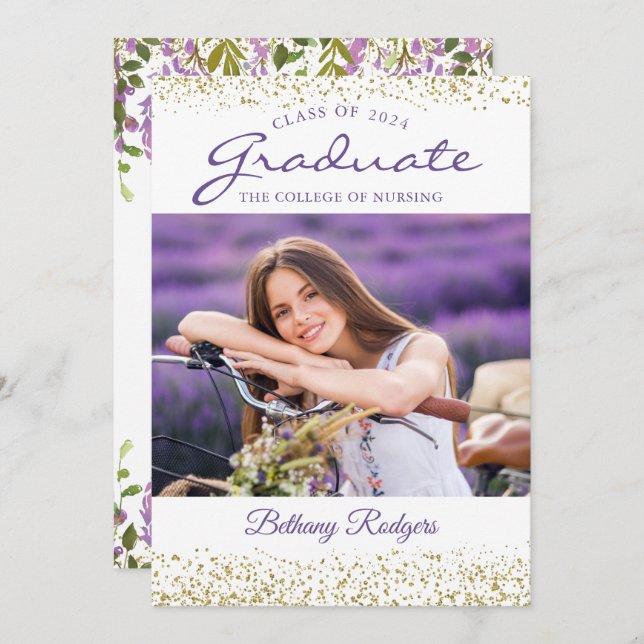 RN Nursing Graduation Purple Floral Gold Photo Invitation (Front/Back)