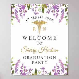 RN Nursing Graduation Purple Floral Welcome Poster