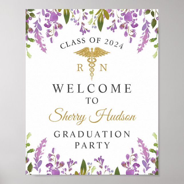 RN Nursing Graduation Purple Floral Welcome Poster (Front)
