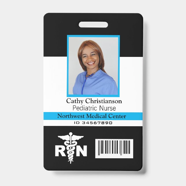 RN Registered Nurse Name Photo Badge Scanner Code ID Badge (Front)