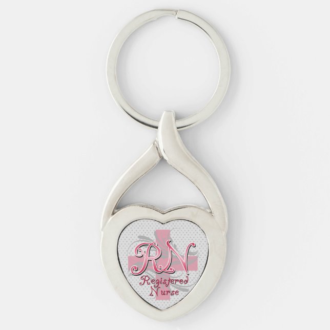 RN Registered Nurse, Pink Cross Swirls Key Ring (Front)