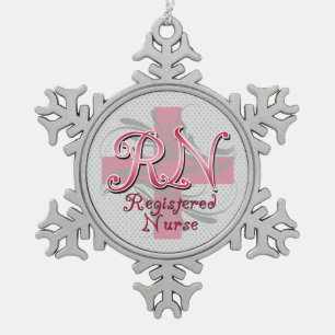 RN Registered Nurse, Pink Cross Swirls Snowflake Pewter Christmas Ornament