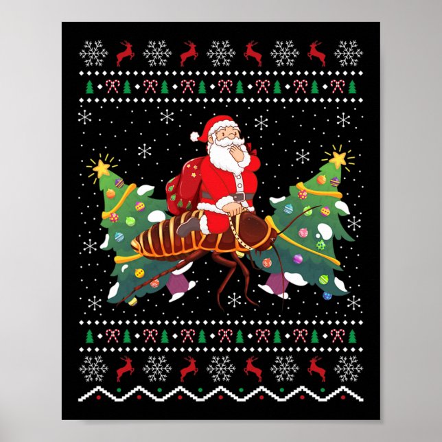 Roach Lover Gift Ugly Santa Riding Roach Christmas Poster (Front)
