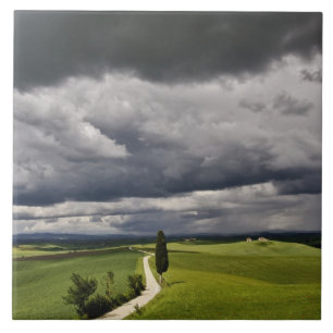 Road and storm clouds, rural Tuscany region, Ceramic Tile