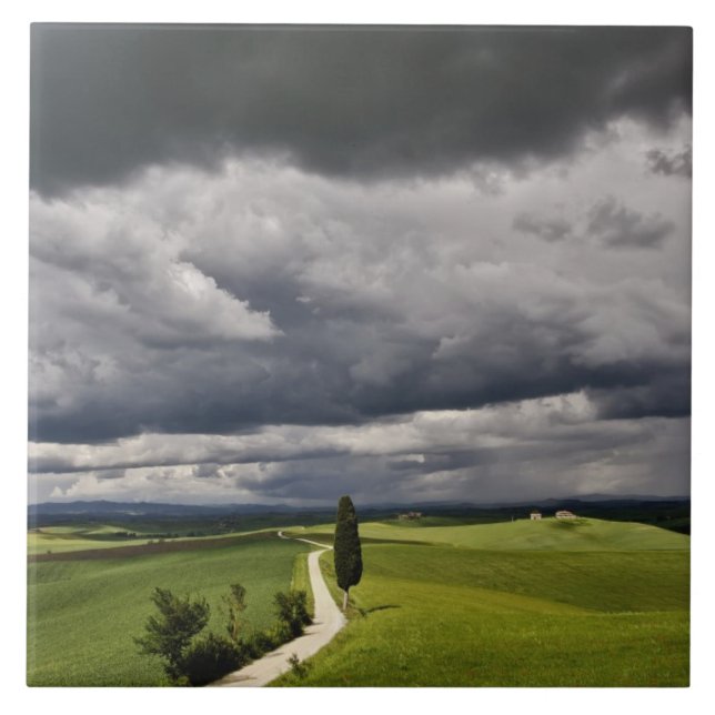 Road and storm clouds, rural Tuscany region, Ceramic Tile (Front)