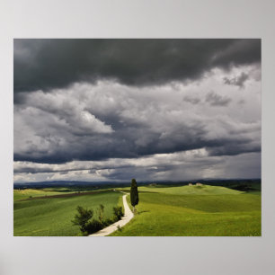 Road and storm clouds, rural Tuscany region, Poster
