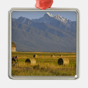 Road bicyclists race down back country road in metal ornament