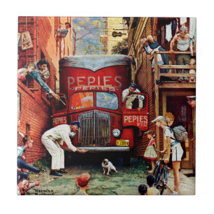 Road Block by Norman Rockwell Ceramic Tile