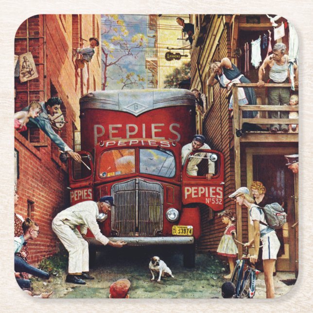 Road Block by Norman Rockwell Square Paper Coaster (Front)