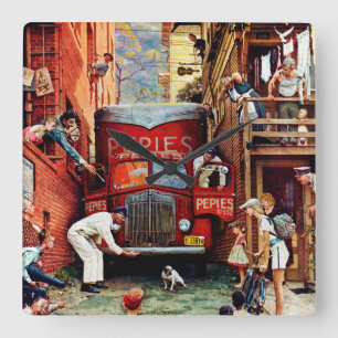 Road Block by Norman Rockwell Square Wall Clock