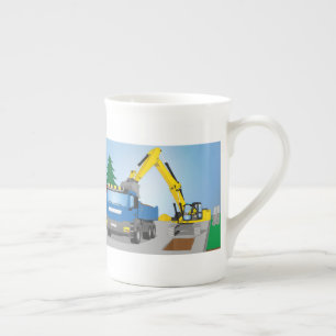 Road construction site with blue trucks and yellow bone china mug