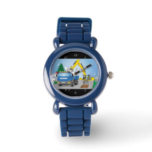 Road construction site with blue trucks and yellow watch