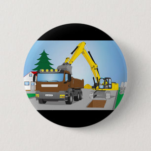 Road construction site with brown trucks and yello 6 cm round badge