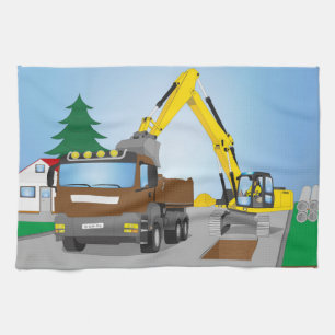 Road construction site with brown trucks and yello tea towel