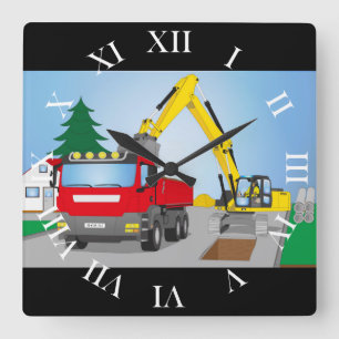 Road construction site with red trucks and yellow square wall clock