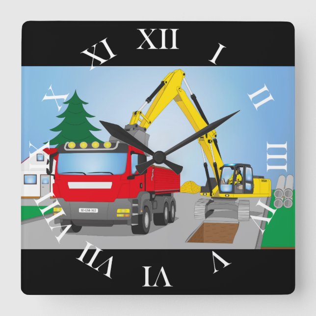 Road construction site with red trucks and yellow  square wall clock (Front)