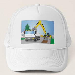 Road construction site with white trucks and yello trucker hat