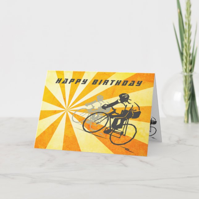 Road Cyclists with Retro Sunburst Bike Birthday Card (Front)
