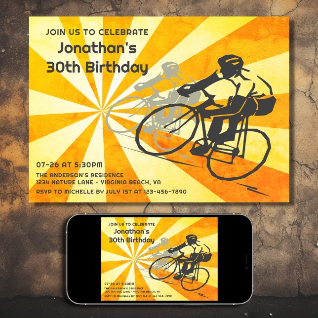 Road Cyclists with Retro Sunburst Bike Birthday Invitation (Printed and Digital - Road Cyclists with Retro Sunburst Biking Birthday Invitation)