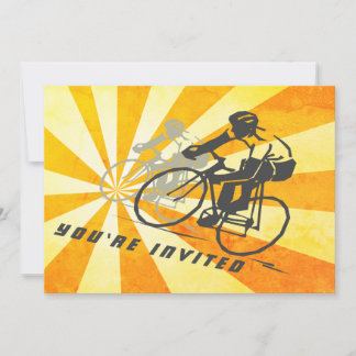 Road Cyclists with Retro Sunburst Biking Birthday Invitation